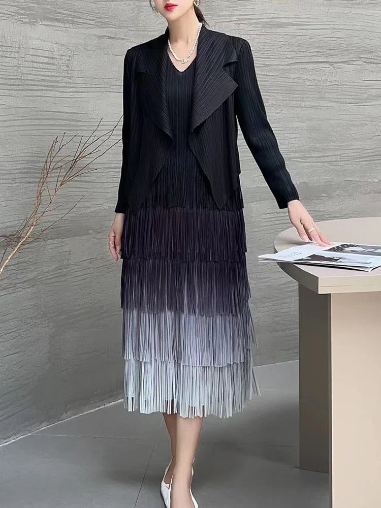 Pleated Fringe Ombre Dress Set