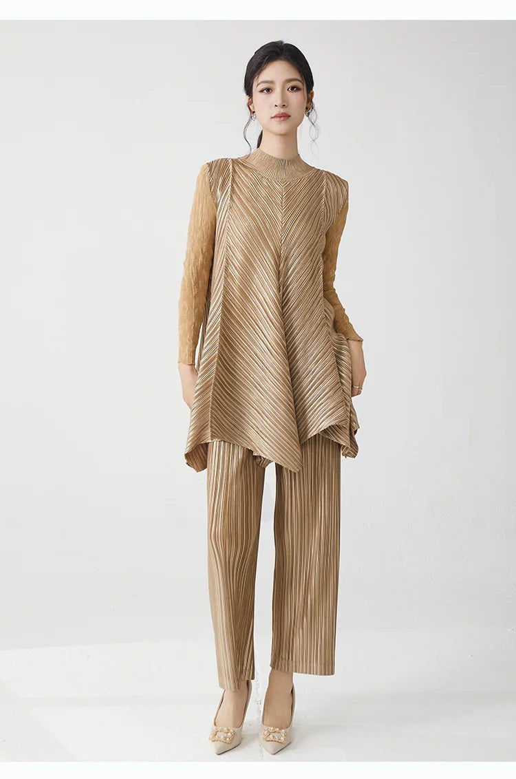 Metallic Pleated Tunic Top & Wide Leg Pants Set