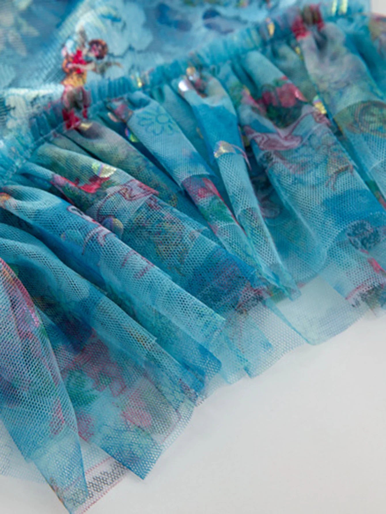 Blue Floral Midi Dress Ruffle Cap Sleeves
