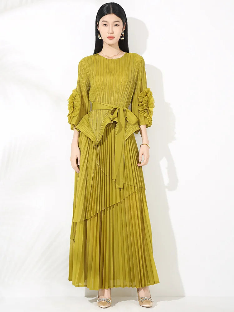 High-End Pleated Midi Skirt Set - Statement Sleeves