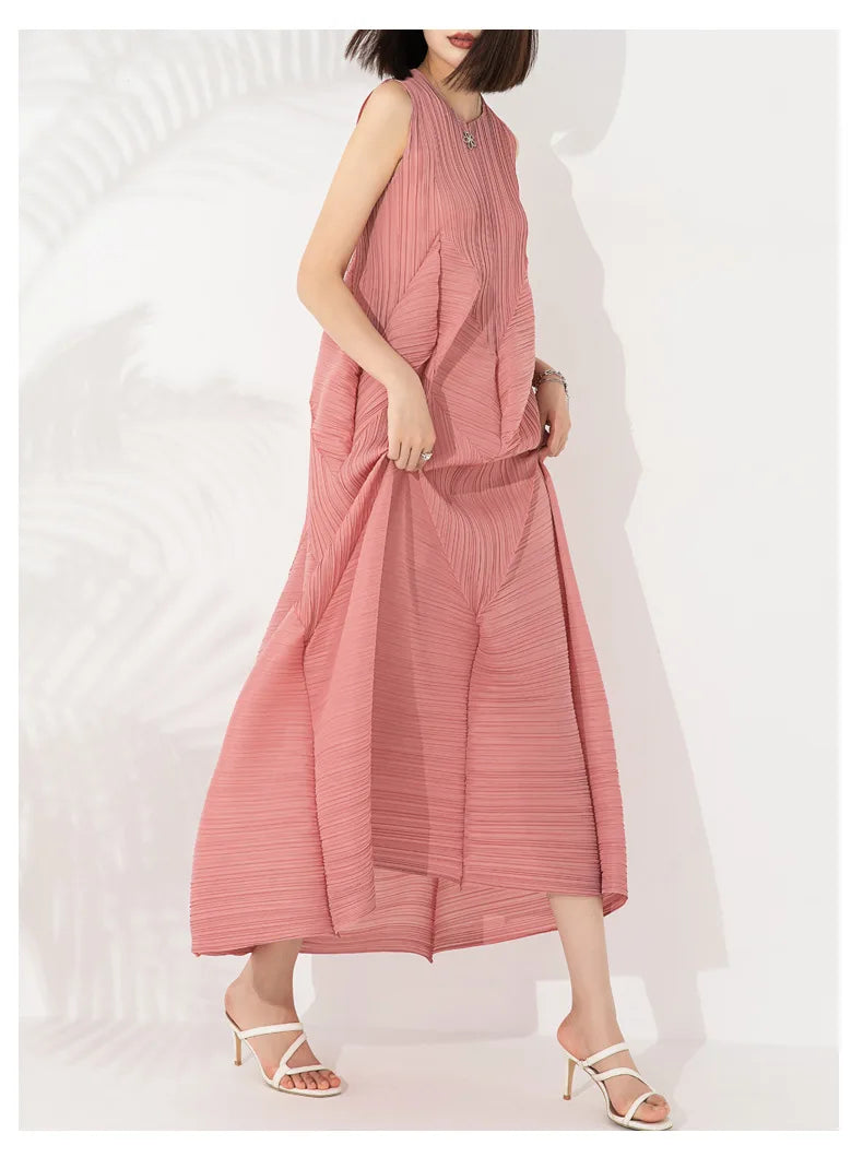 Japanese Pleated Midi Dress - Sleeveless