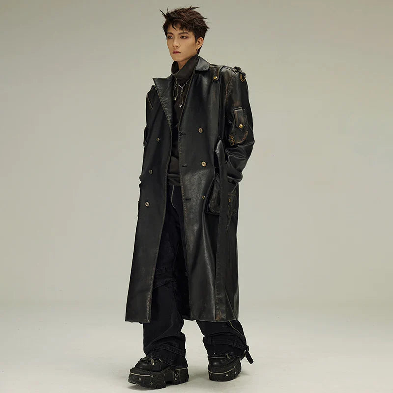 Men's Black Vegan Leather Trench Coat - Luxury Streetwear