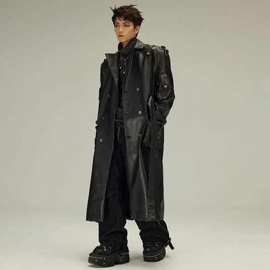 Men's Black Vegan Leather Trench Coat - Luxury Streetwear