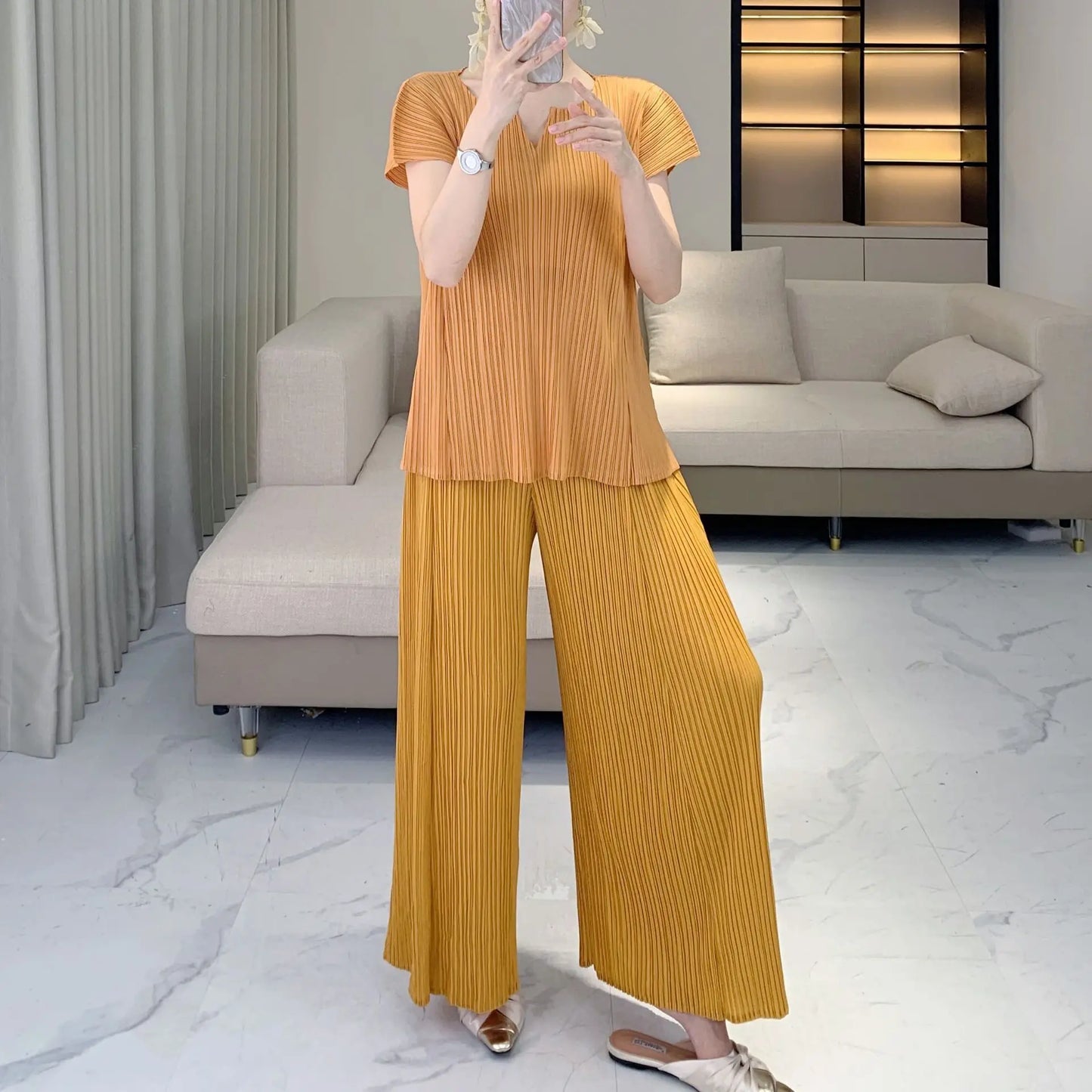Elegant Pleated Wide-Leg Pants Set