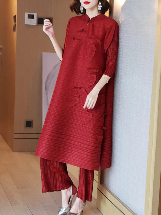 Women's 3/4 Sleeve Top & Pleated Pants Set - Red