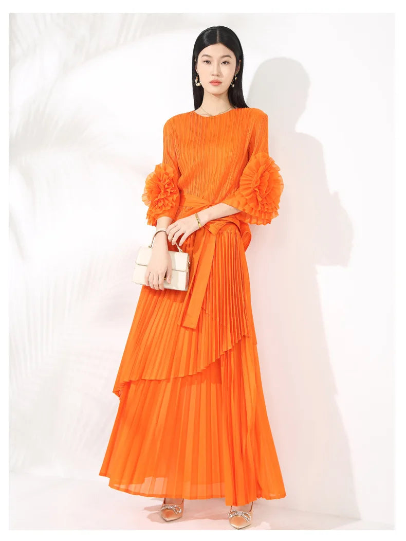 High-End Pleated Midi Skirt Set - Statement Sleeves