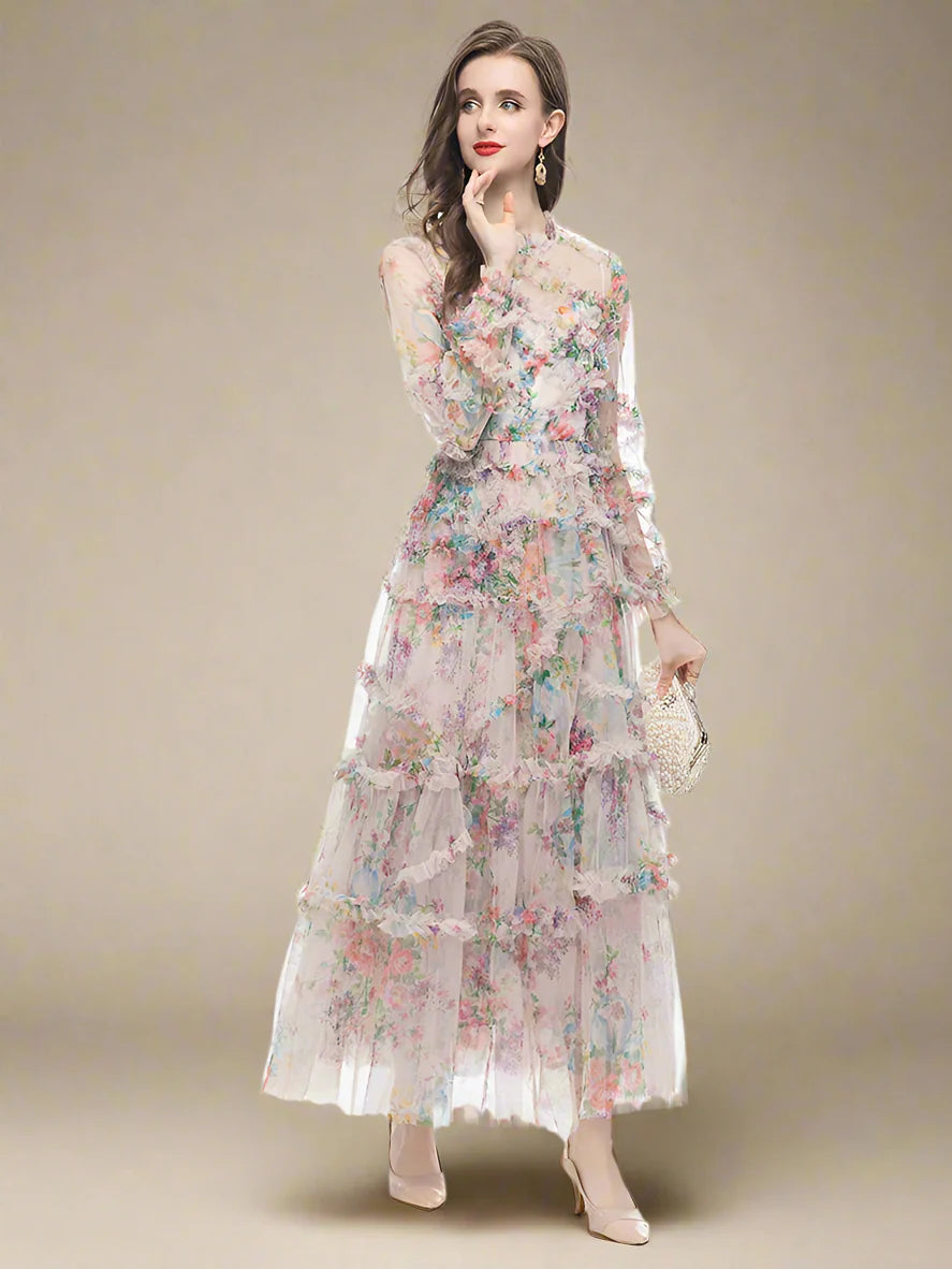 Elegant High Neck Ruffled Floral Midi Dress