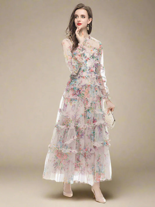 Elegant High Neck Ruffled Floral Midi Dress