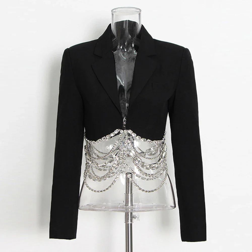 Slim Fit Cropped Blazer with Crystal Chain