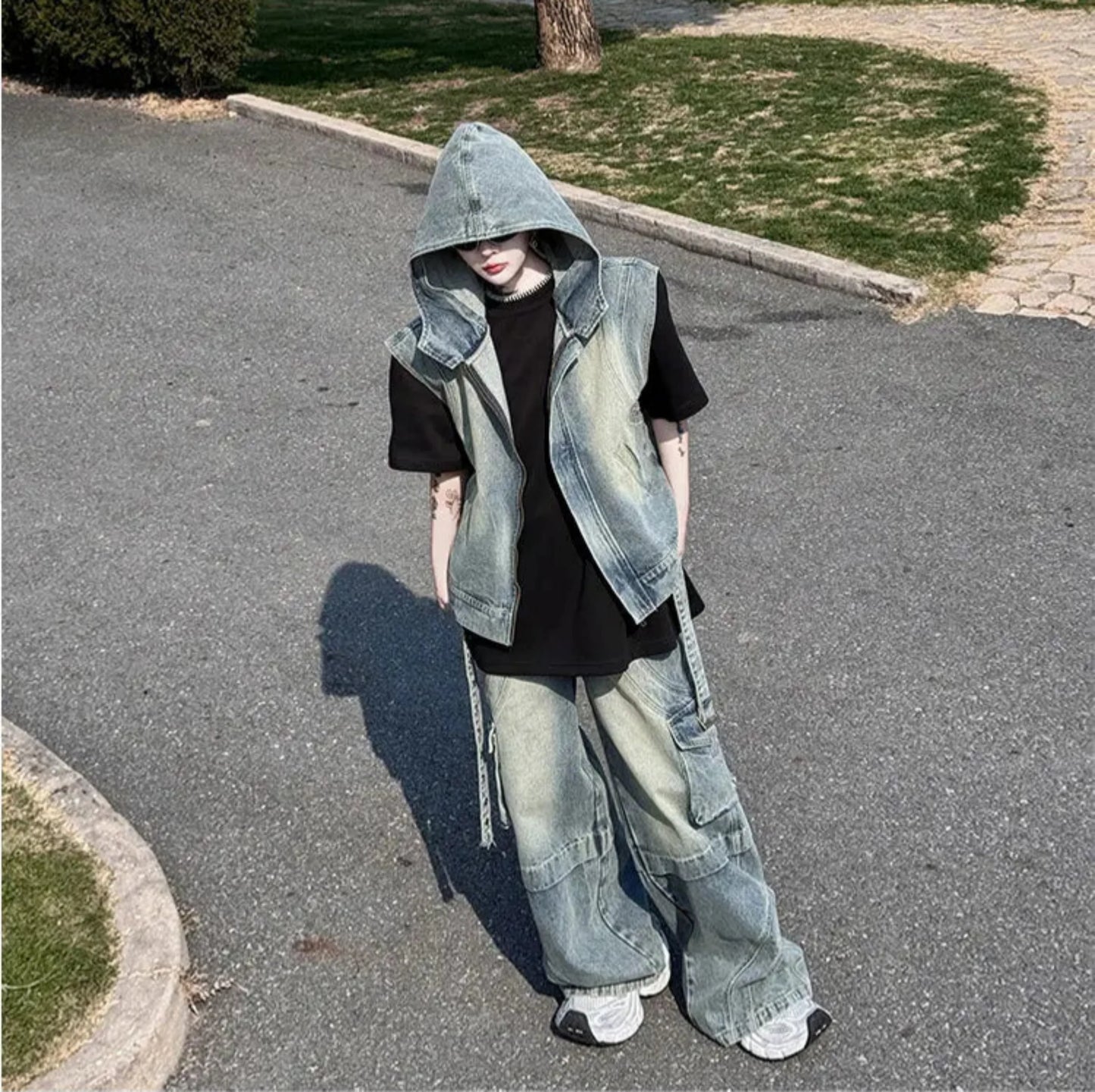 Men's Denim Hooded Vest & Wide-Leg Cargo Pants