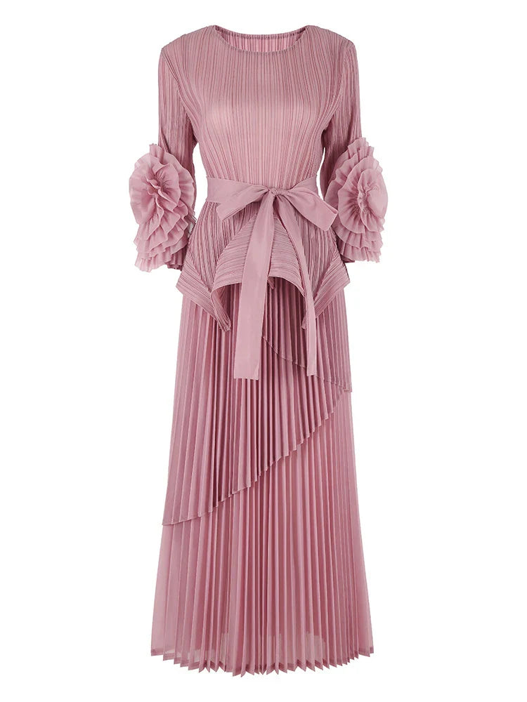 High-End Pleated Midi Skirt Set - Statement Sleeves