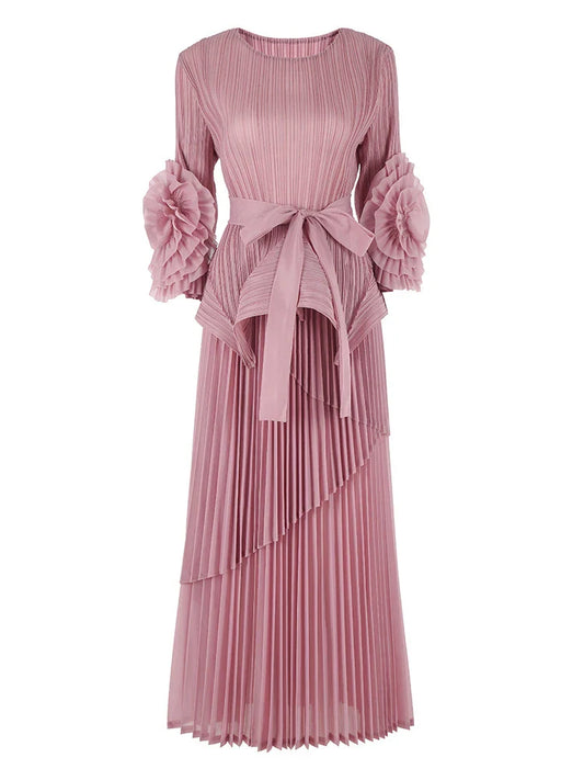 High-End Pleated Midi Skirt Set - Statement Sleeves