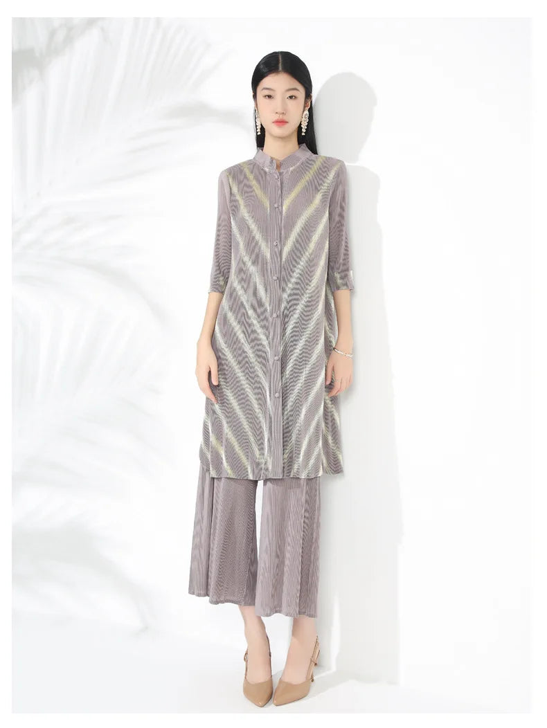 Petite Plissé Pleated 3/4 Sleeve 2-Piece Pant Set