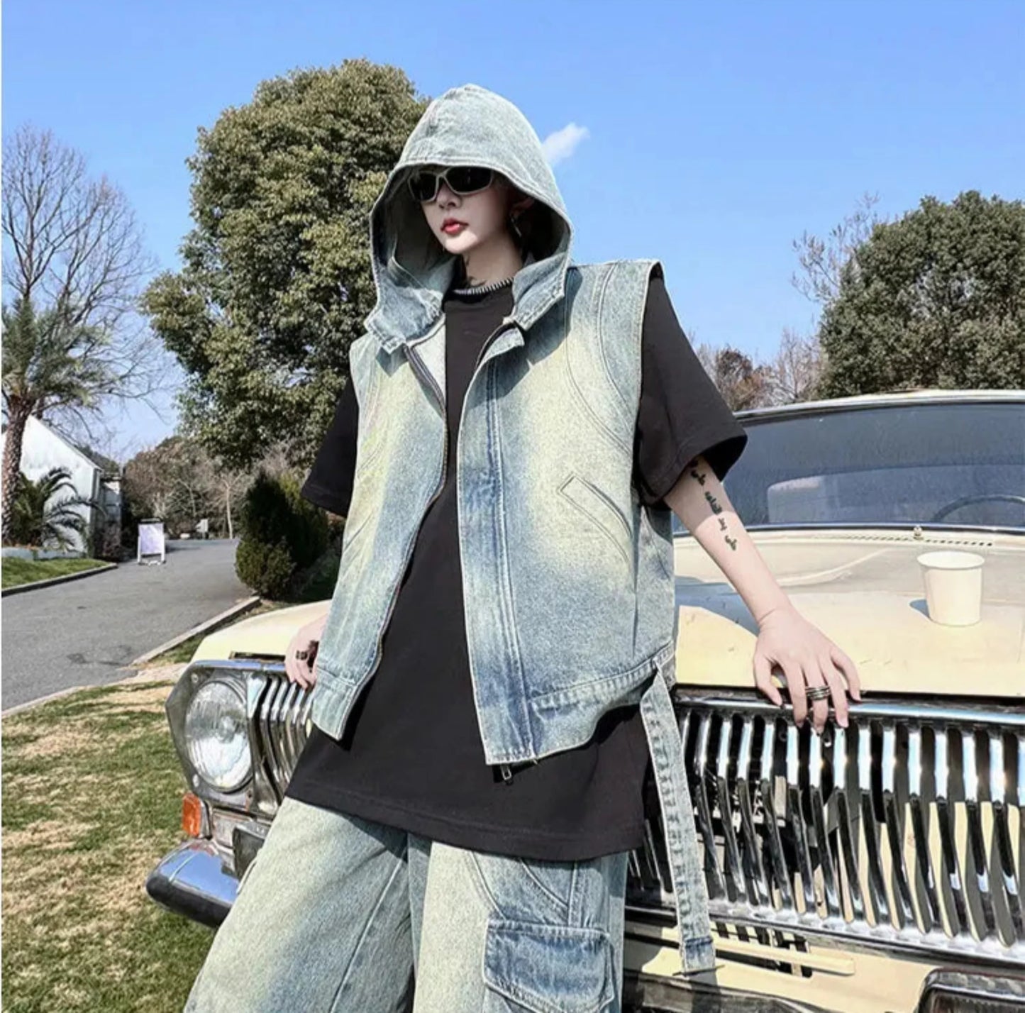 Men's Denim Hooded Vest & Wide-Leg Cargo Pants