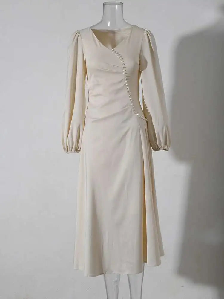 Cream Satin Midi Dress with Pearls