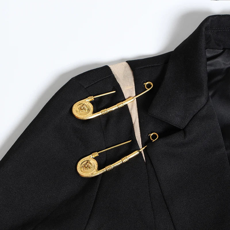 Women's Luxury Black Gold Safety Pin Blazer