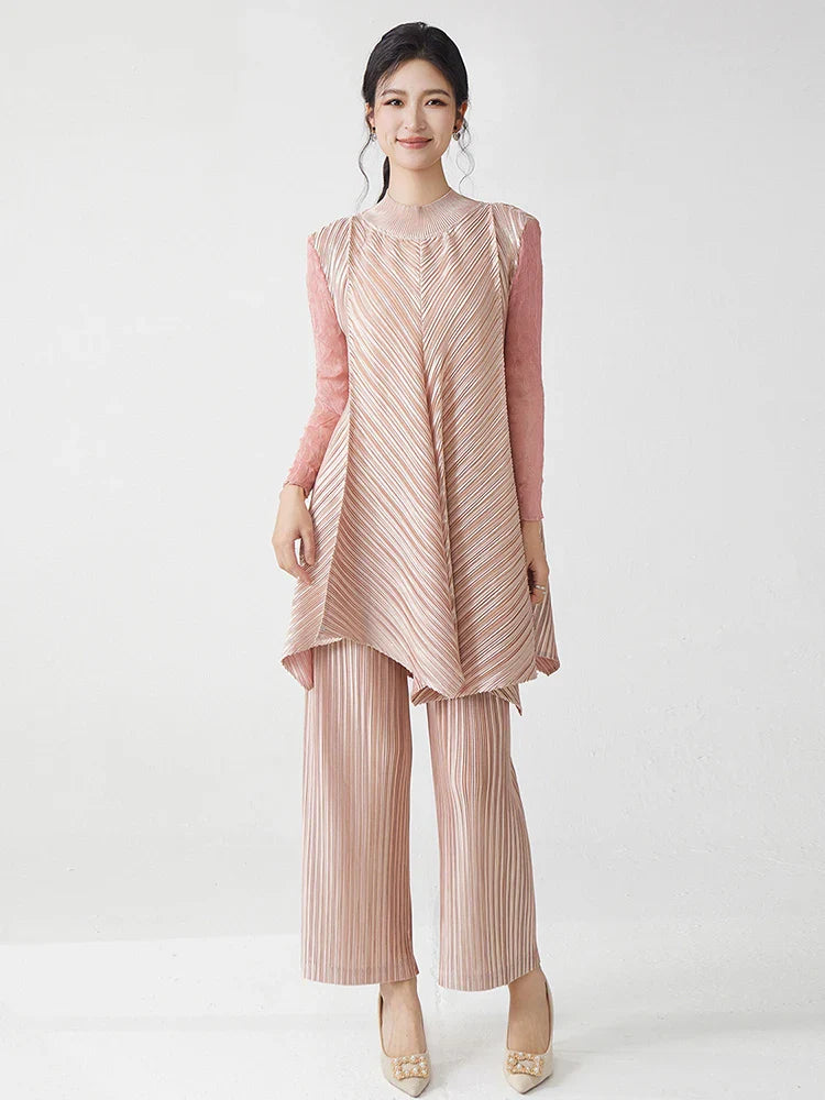Metallic Pleated Tunic Top & Wide Leg Pants Set