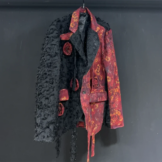 Men's Distressed Floral Blazer in Red & Black