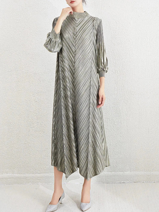 Metallic Pleated Midi Dress with Mock Neck & Bishop Sleeves