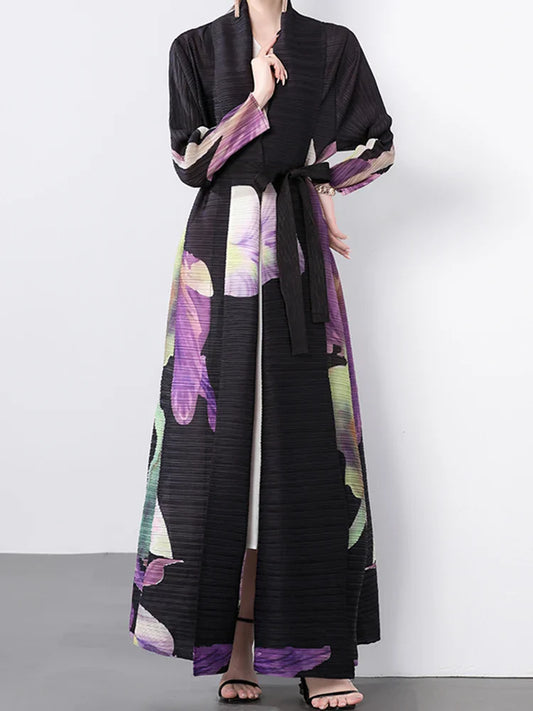 Women's Luxe Pink Floral Pleated Long Coat