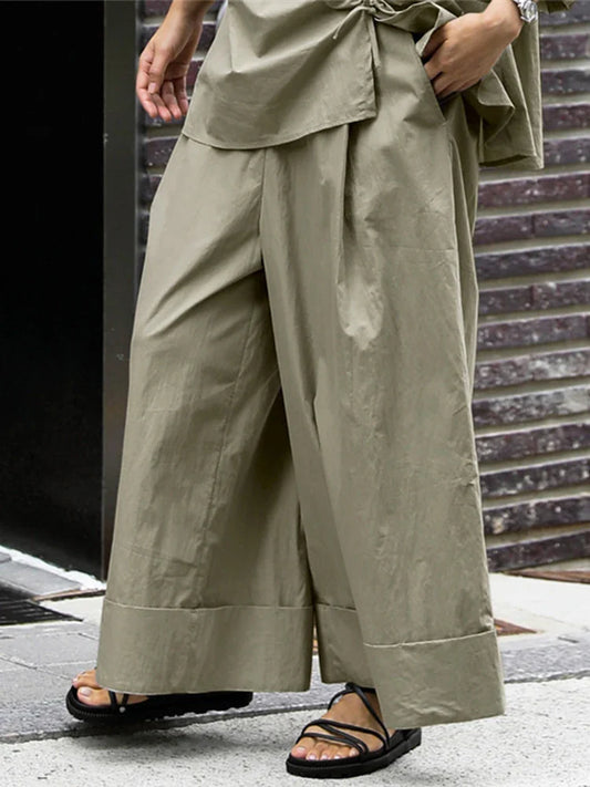 Cotton-Blend Wide-Leg Pants with Elastic Waistband