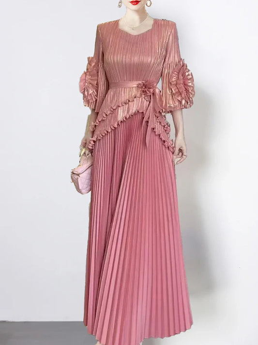 Statement Ruffle Sleeve and Pleated Skirt Ensemble