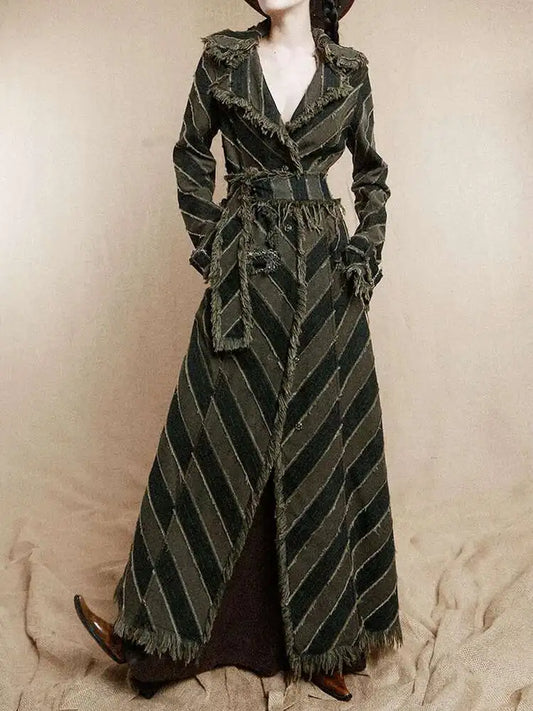 Striped Rustic Denim Trench Coat