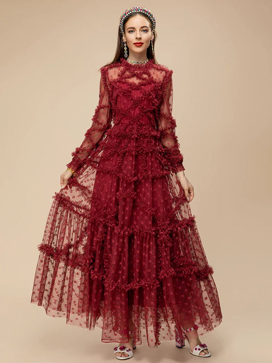 Wine Red Ruffle Mesh Midi Dress