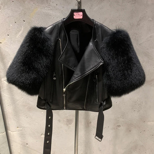 Women's Cropped Leather Jacket with Fox Fur