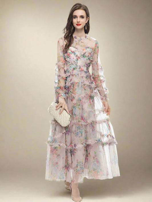 Elegant High Neck Ruffled Floral Midi Dress