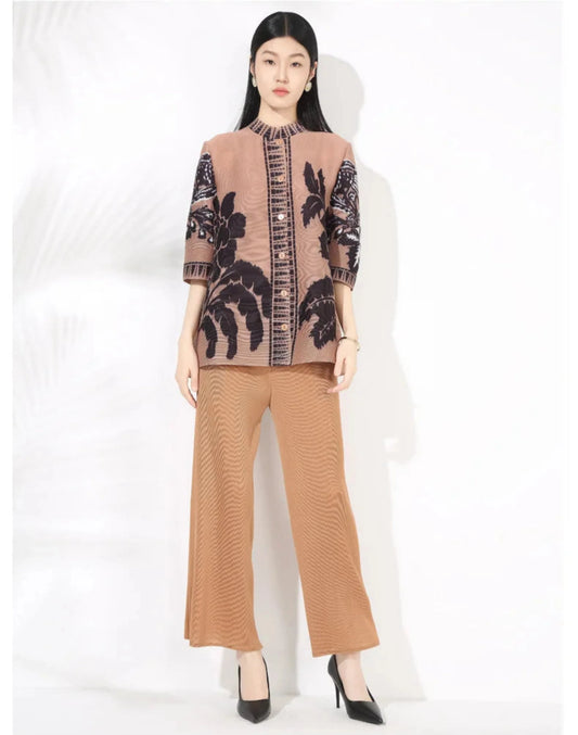 Plissé Set - Floral Top & Pleated Palazzo Pant