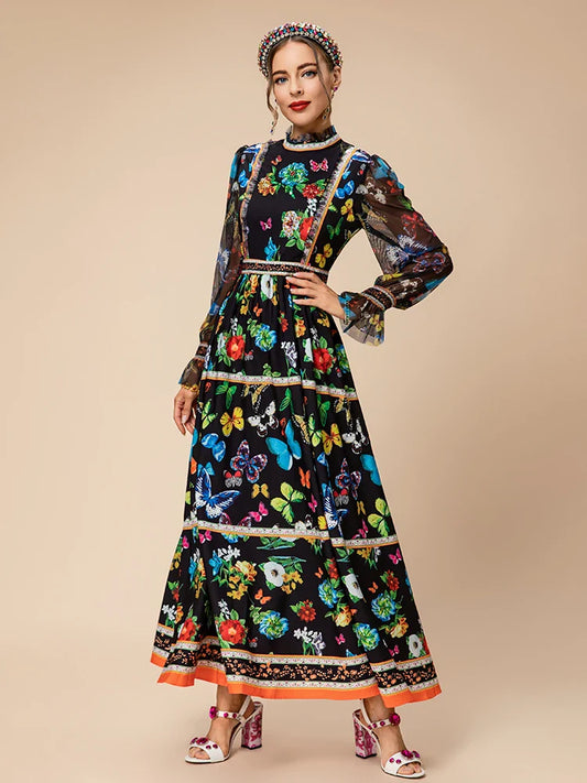 Boho Butterfly & Floral Midi Sheer Sleeves Dress