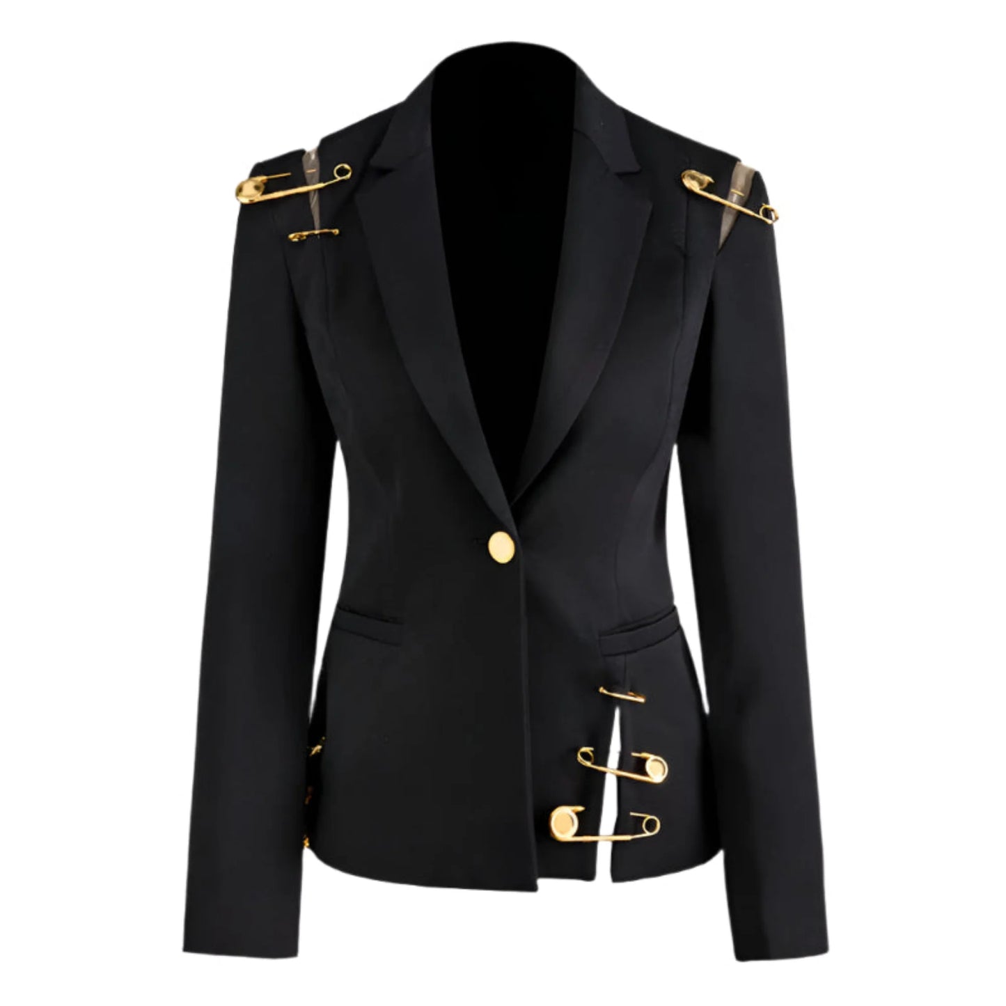 Women's Luxury Black Gold Safety Pin Blazer