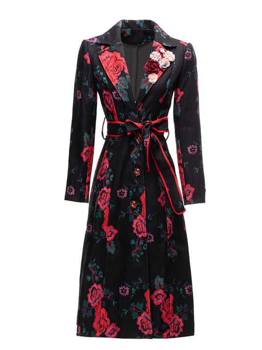 Women's Slim Fit Black Floral Rose Trench Coat