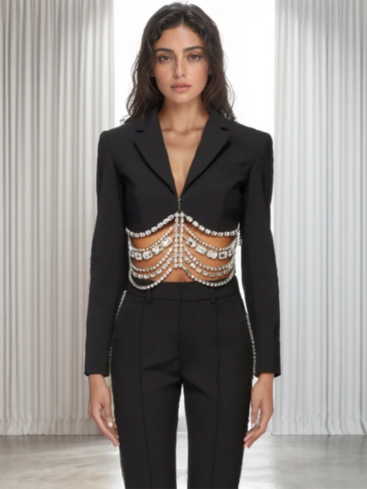Slim Fit Cropped Blazer with Crystal Chain