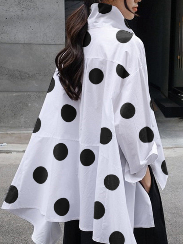 Long Sleeves Loose Polka-Dot Split-Joint Lapel Blouses&shirts Tops