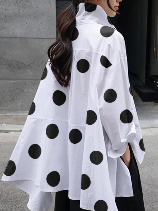 Long Sleeves Loose Polka-Dot Split-Joint Lapel Blouses&shirts Tops