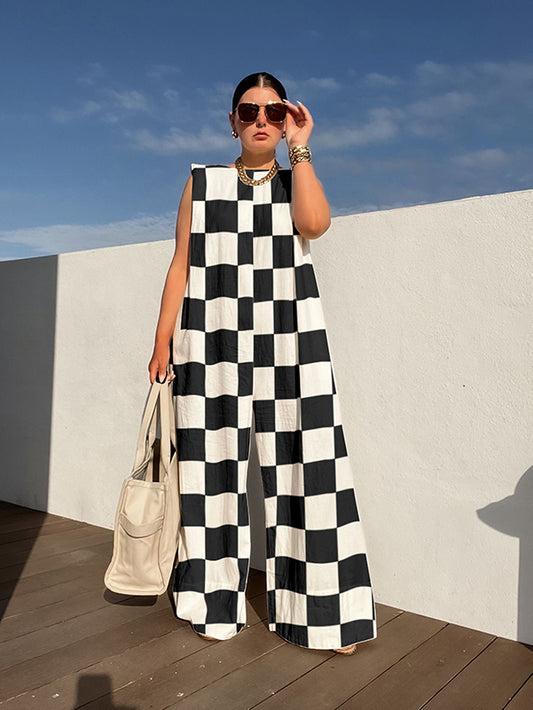 Loose Sleeveless Checkerboard Shoulder Pad Split-Joint Round-neck Jumpsuits