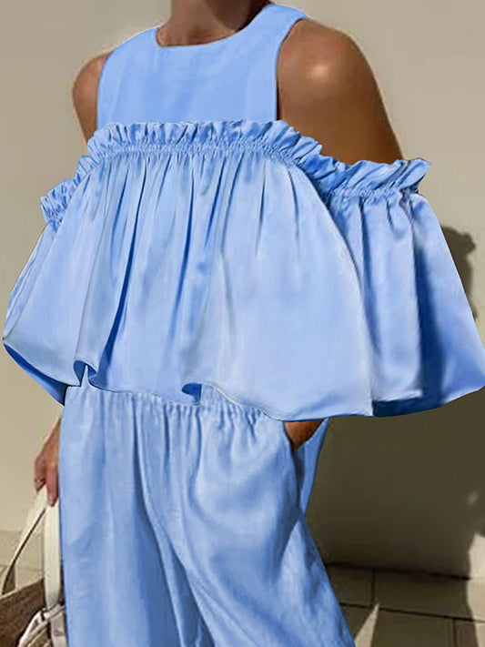 A-line Loose Elasticity Ruffled Solid Color Cold shoulder Blouses&shirts Tops