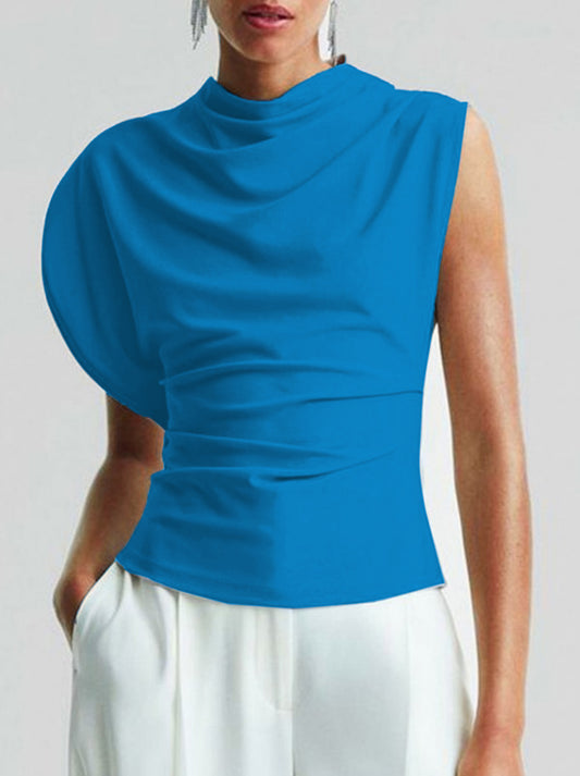 Irregularity Sleeveless Asymmetric Pleated Solid Color Round-neck Vest Top