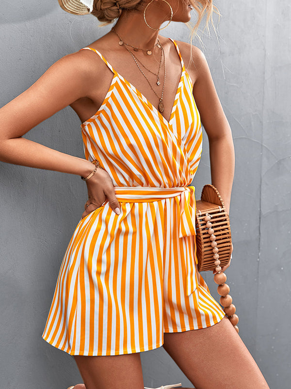 Loose Sleeveless Contrast Color Striped Tied Waist Spaghetti-Neck Rompers