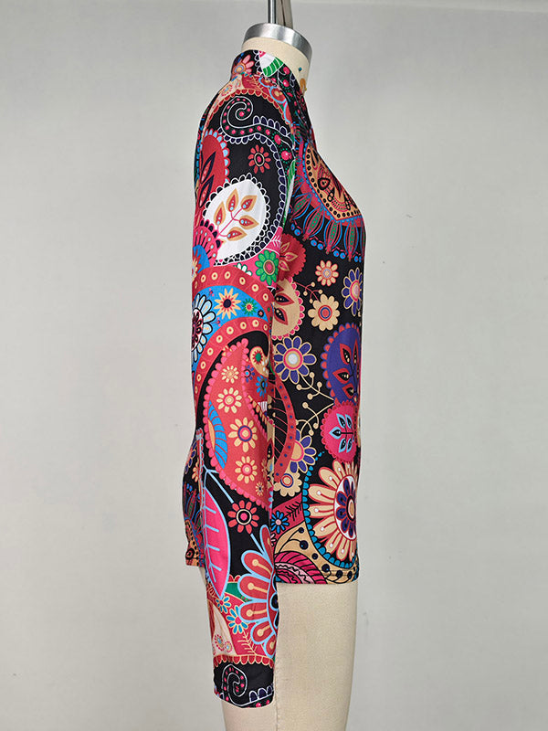 Long Sleeves Skinny Flower Print Split-Joint High Neck T-Shirts Tops