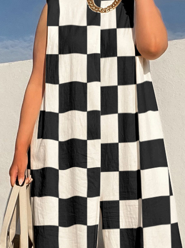 Loose Sleeveless Checkerboard Shoulder Pad Split-Joint Round-neck Jumpsuits