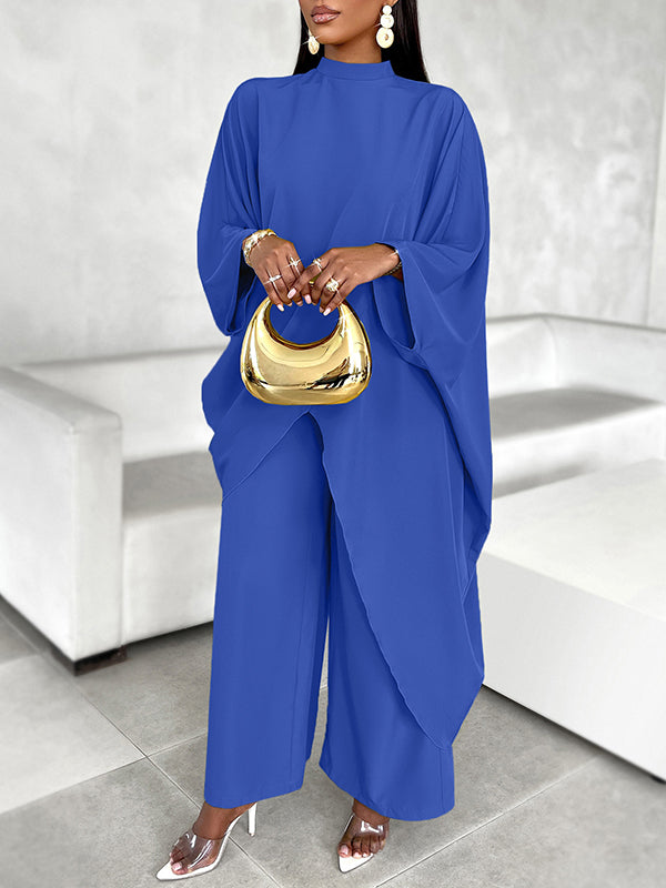 Batwing Sleeves Long Sleeves Asymmetric Hollow Solid Color Mock Neck T-Shirt Top + Pants Bottom Two Pieces Set