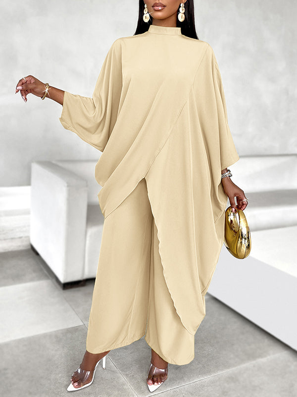 Batwing Sleeves Long Sleeves Asymmetric Hollow Solid Color Mock Neck T-Shirt Top + Pants Bottom Two Pieces Set