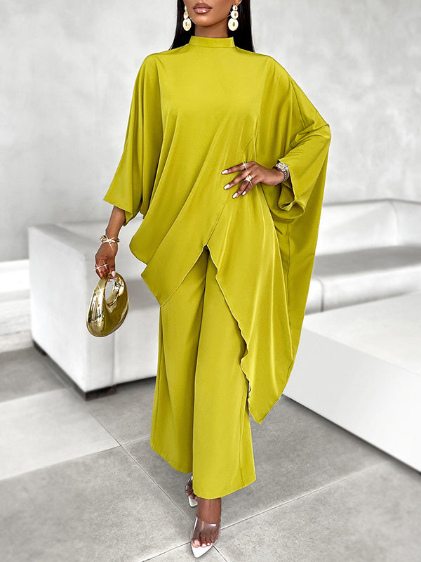 Batwing Sleeves Long Sleeves Asymmetric Hollow Solid Color Mock Neck T-Shirt Top + Pants Bottom Two Pieces Set