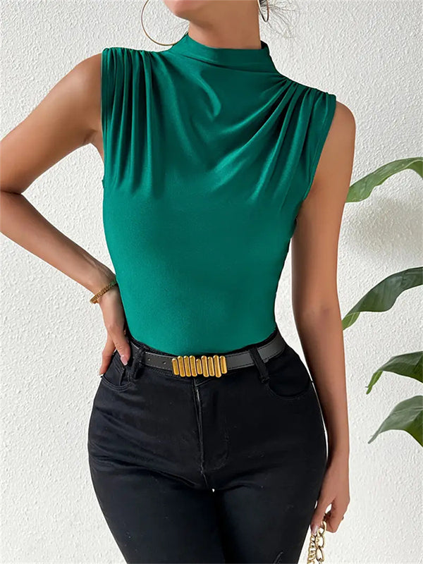 Skinny Sleeveless Pleated Solid Color Split-Joint High Neck Vest Top
