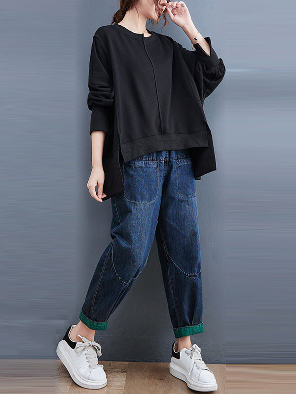 Simple Long Sleeves Loose Solid Color Round-Neck Hoodies&Sweatshirt Tops