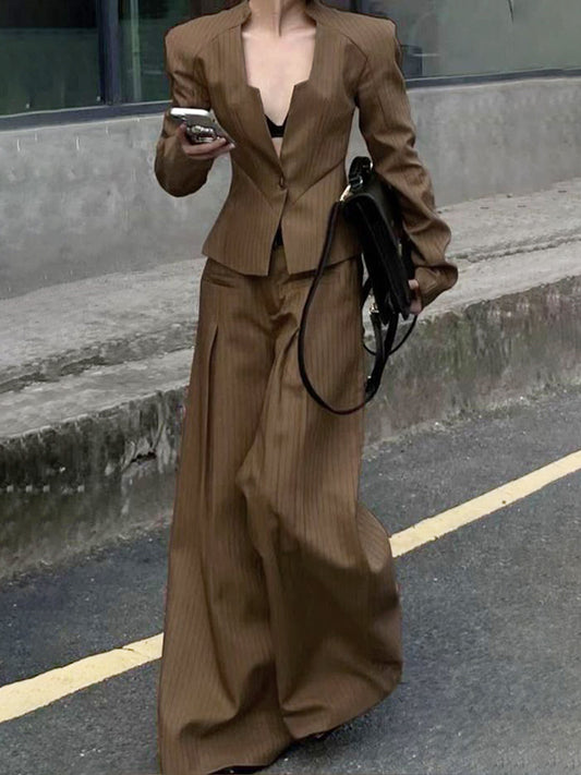Loose Wide Leg Pleated Split-Joint Striped Pants Trousers