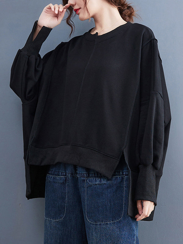 Simple Long Sleeves Loose Solid Color Round-Neck Hoodies&Sweatshirt Tops